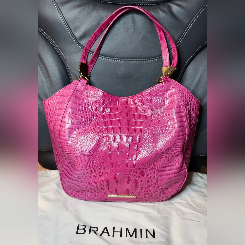 Brahmin Hot Pink Croc-Embossed Leather Tote